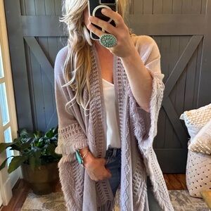 New Bohemian Knit Grey Fringe Poncho Ruana Cardigan Sweater Hippie Top
